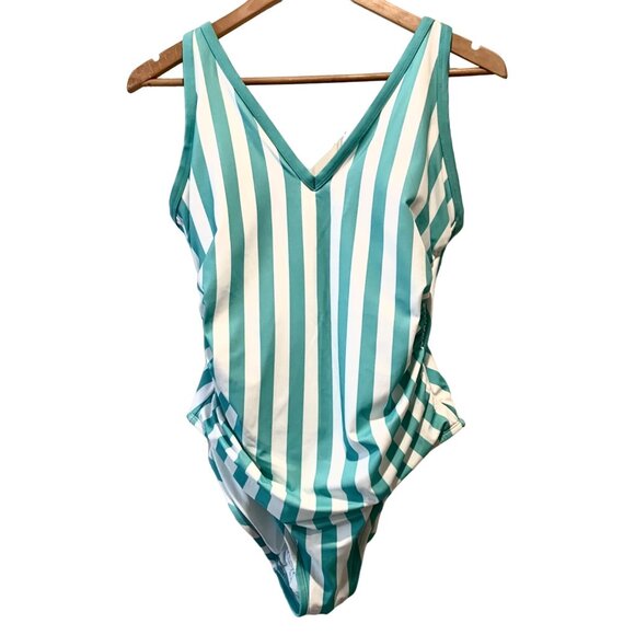 Kona Sol Plus One Piece Green Stripe Print V-Neck Bathing Suit Size 22W - Picture 3 of 11
